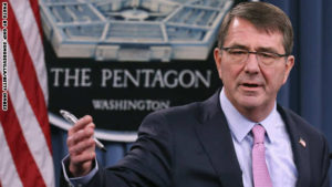 ARLINGTON, VA - MARCH 11: U.S. Secretary of Defense Ash Carter answers reporters' questions during a news conference with the United Kingdom Secretary of State for Defense Michael Fallon at the Pentagon March 11, 2015 in Arlington, Virginia. Carter and Fallon held a bi-lateral meeting to discuss many topics, including the ongoing campaign against the Islamic State of Iraq and the Levant (ISIL) and their countries' continued work to help the Ukraine government forces improve their capabilities in intelligence, communications, logistics and first aid. (Photo by Chip Somodevilla/Getty Images)